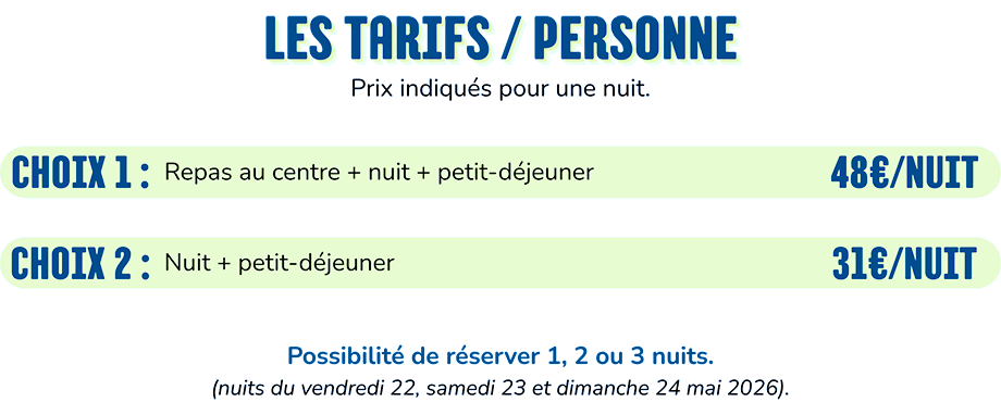 tarifs centre hébergement 2026